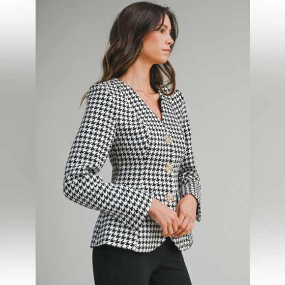 A129. Mable Houndstooth Long Sleeve V Neckline Blazer Jacket - Picture 7 of 10